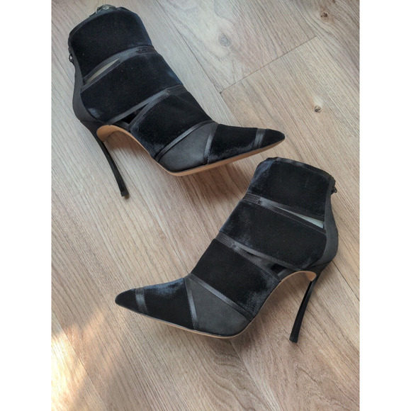 Casadei Black Velvet Open Slit Stiletto Ankle Booties Womens EU 36 $1075